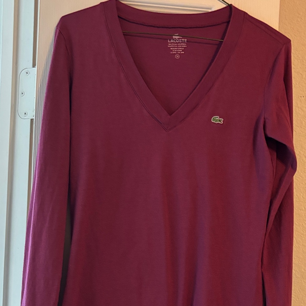 Lacoste Maroon V-Neck Long Sleeve Shirt